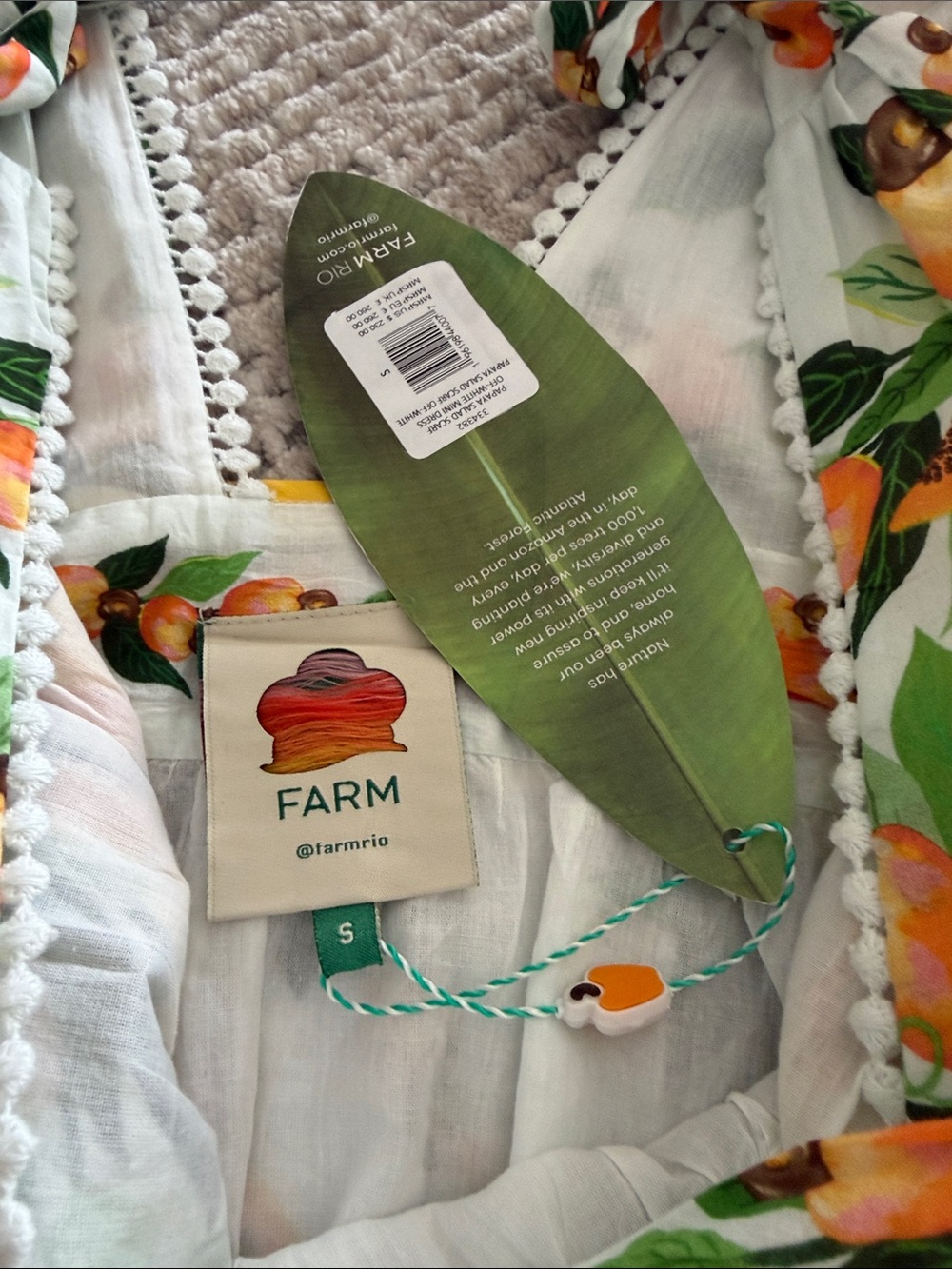 FARM Rio White Floral Tie-Shoulder Dress with Green and Orange Details - Picture 7 of 7